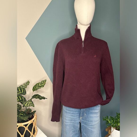 Nautica Men’s Medium Burgundy Red Pullover 1/4 Zip Casual Tight Knit Sweater - Picture 1 of 12